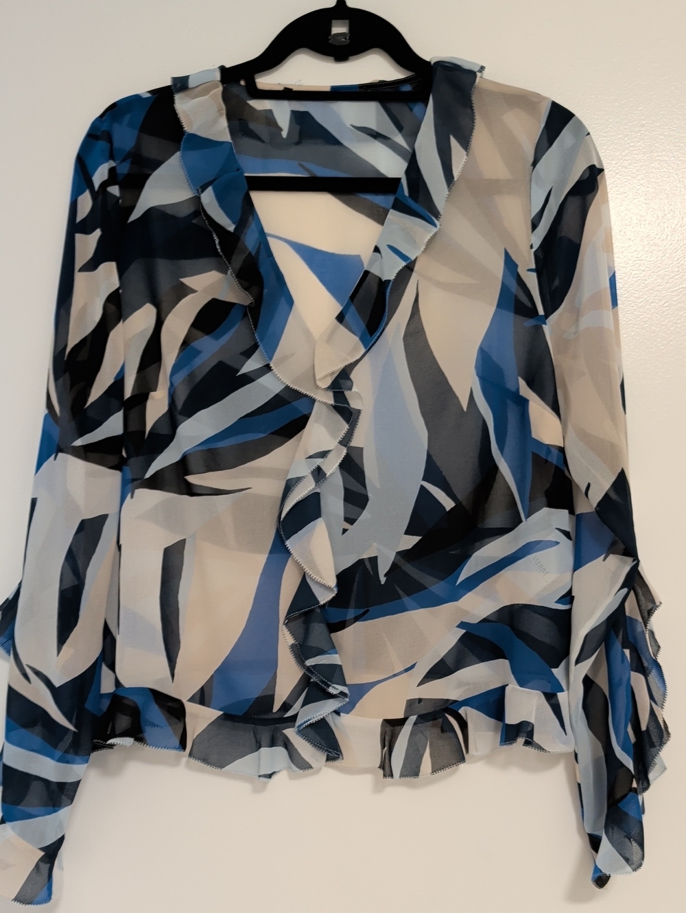 White House Black Market Blue, Black & Cream Abstract Ruffle Blouse